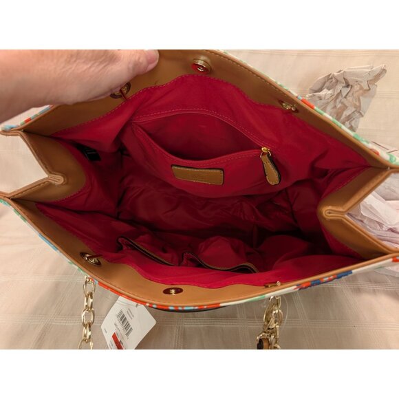 Anne Klein Floral Tote Bag Tan Faux Leather Accents & Chain Straps Lion Logo NWT - Picture 9 of 16